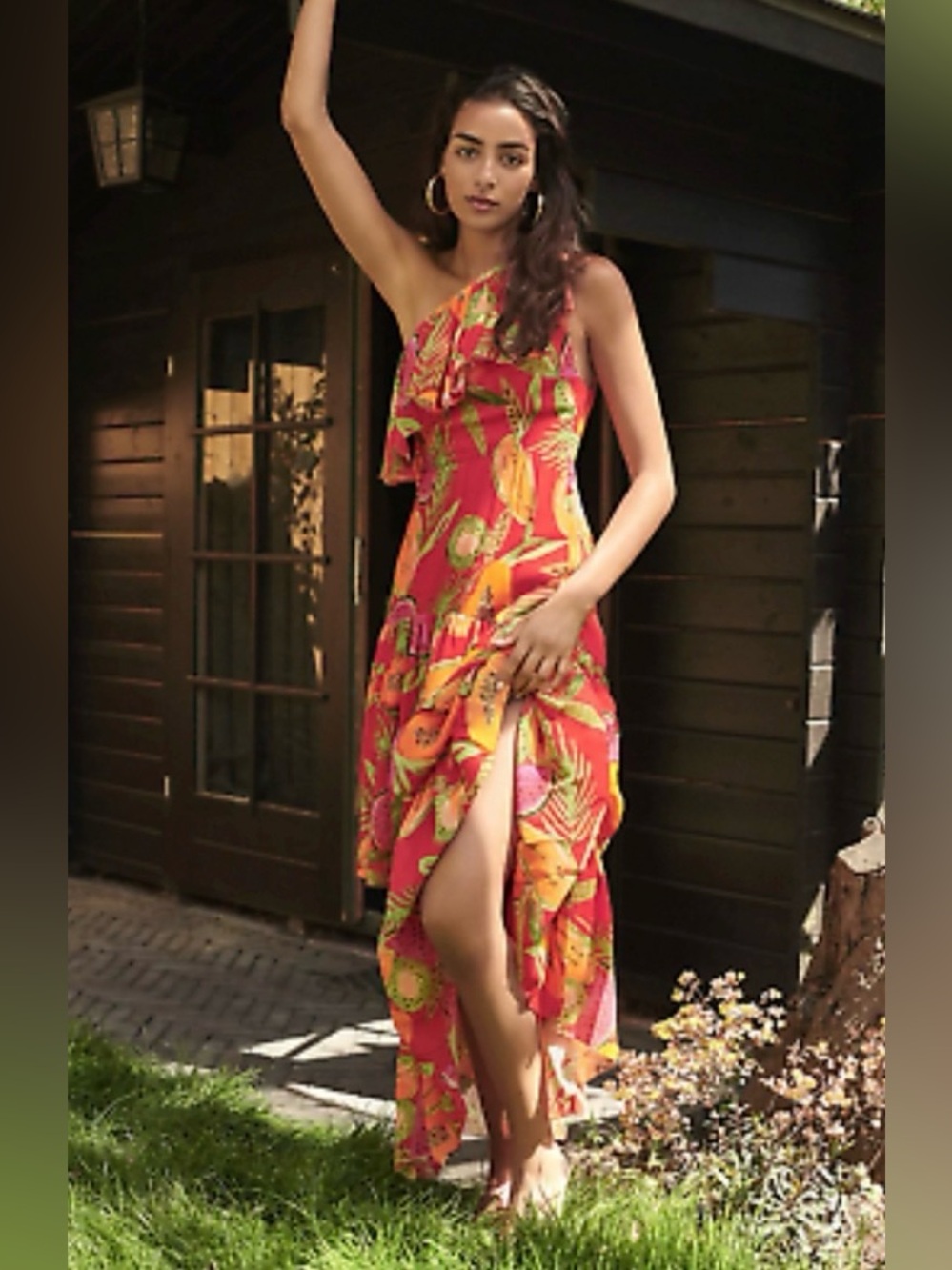 Farm Rio One-Shoulder Red Tropical Fruit Print Tiered Maxi Dress